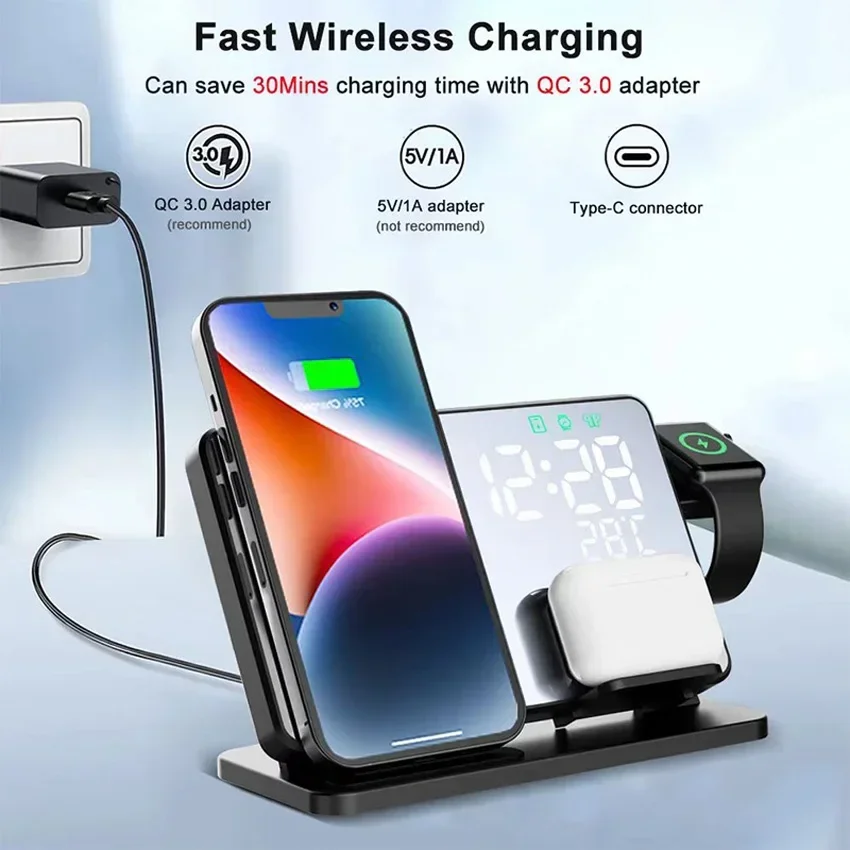 무선 충전기 알람 시계 스탠드 고속 4 in 1 충전  - Smartwatch Watches For Iphone 리뷰 및 가격