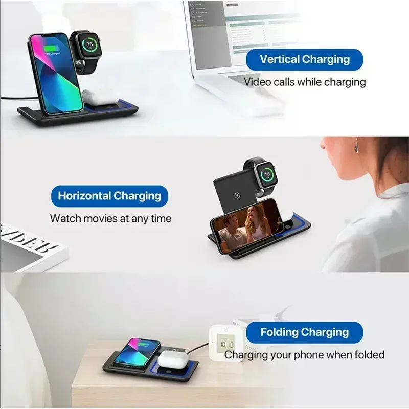 3 In 1 무선 충전기 접이식 LED 라이트 폰 스탠 - Smartwatch Phone Watches 리뷰 및 가격